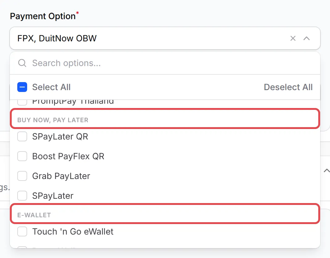 The Payment Option list open, scrolled to the Buy Now, Pay Later and E-Wallet groups, both highlighted