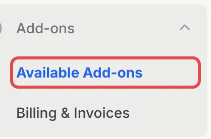 The Add-ons menu in the sidebar with Available Add-ons highlighted, above Billing & Invoices