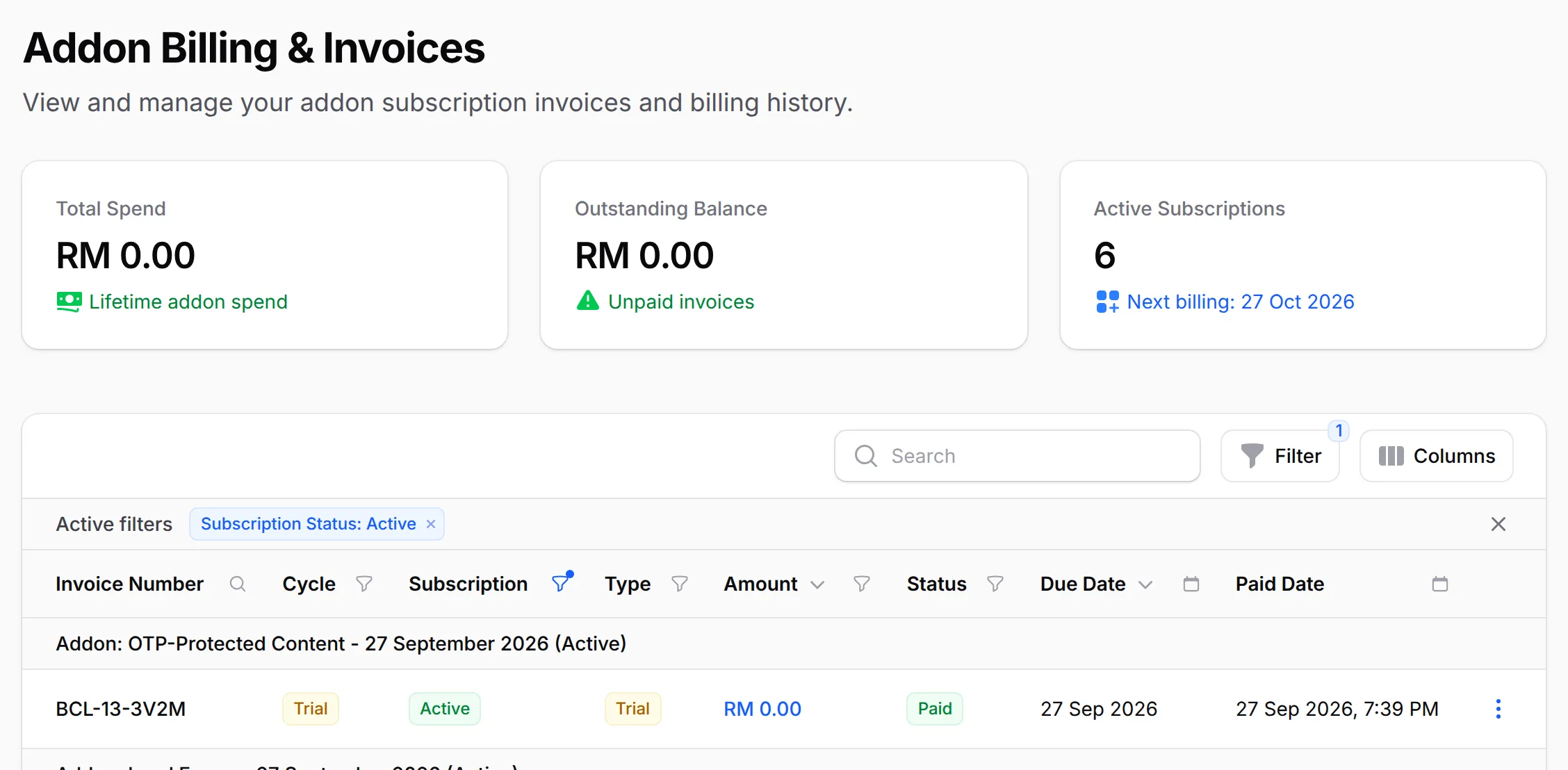 The Addon Billing & Invoices page with Total Spend, Outstanding Balance and Active Subscriptions, and the invoice list grouped by add-on