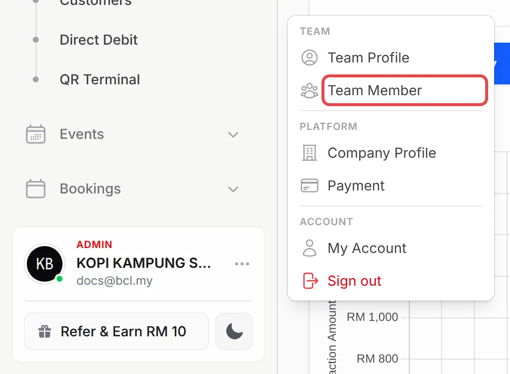 Account Menu dibuka di atas kad akaun, dengan Team Member ditanda