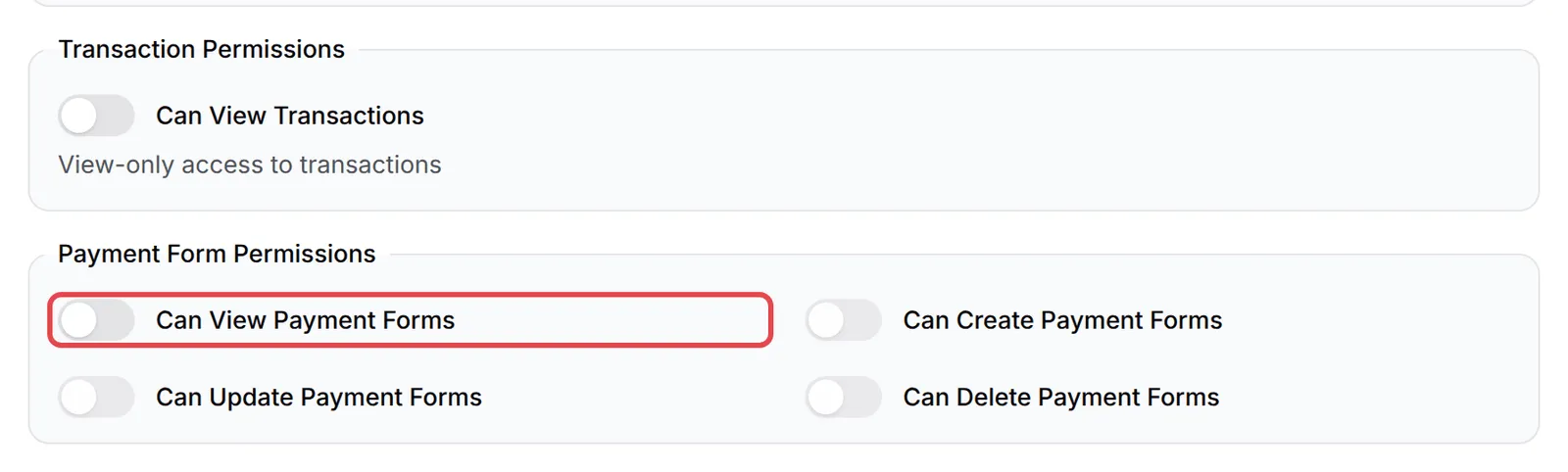 Suis Transaction Permissions dan Payment Form Permissions, dengan Can View Payment Forms ditanda