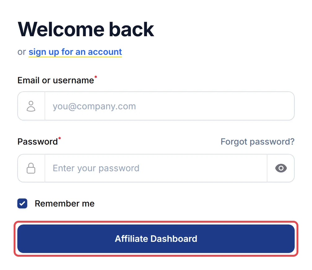 The affiliate sign-in page with the Affiliate Dashboard button highlighted