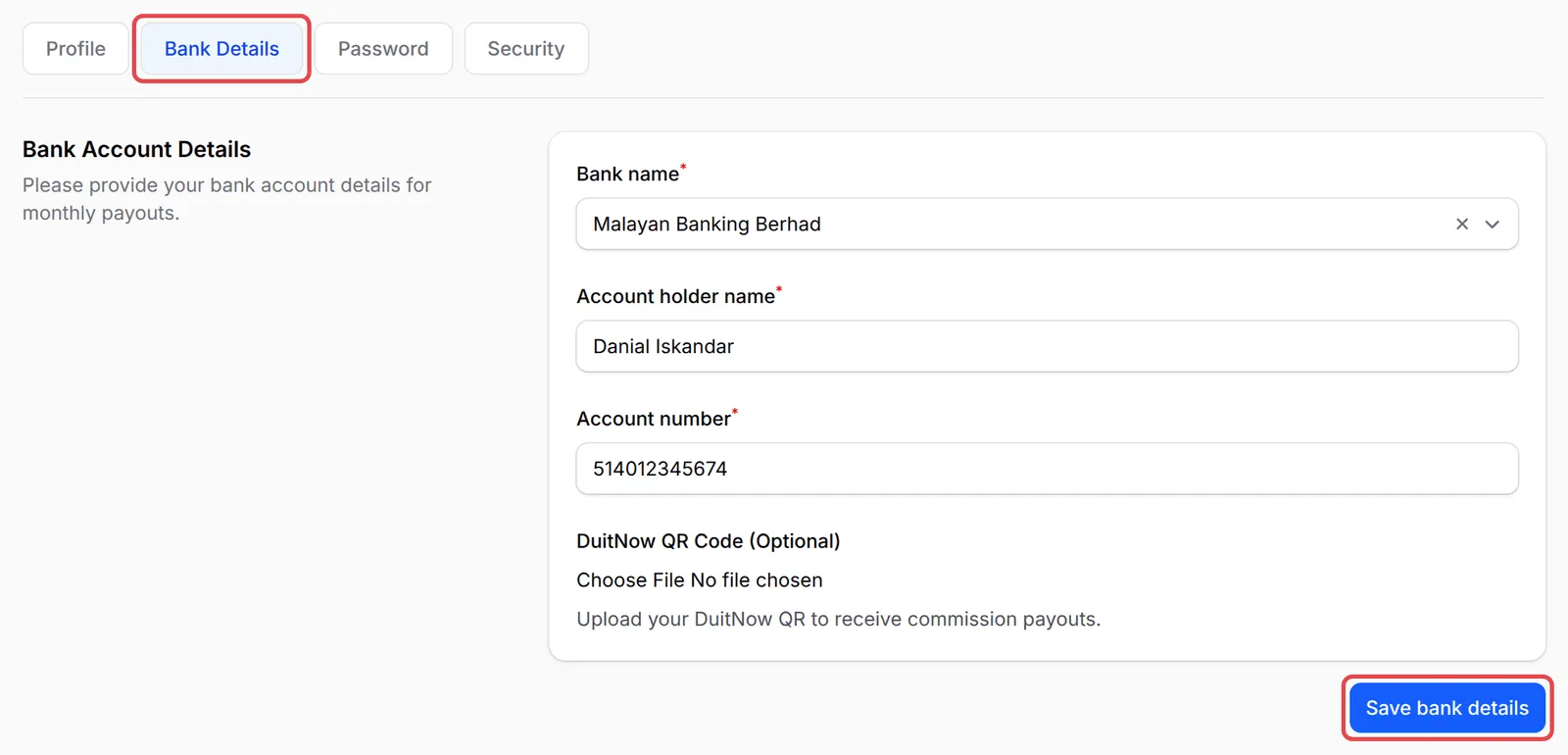 The Bank Details tab of the affiliate Profile, with Save bank details highlighted