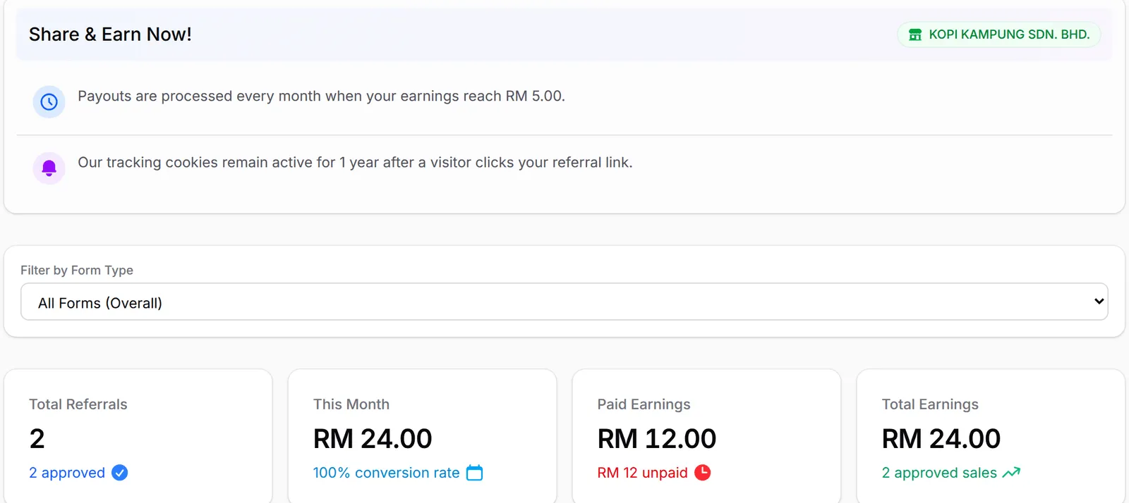 affiliate仪表板，显示Share & Earn Now!和四个数字