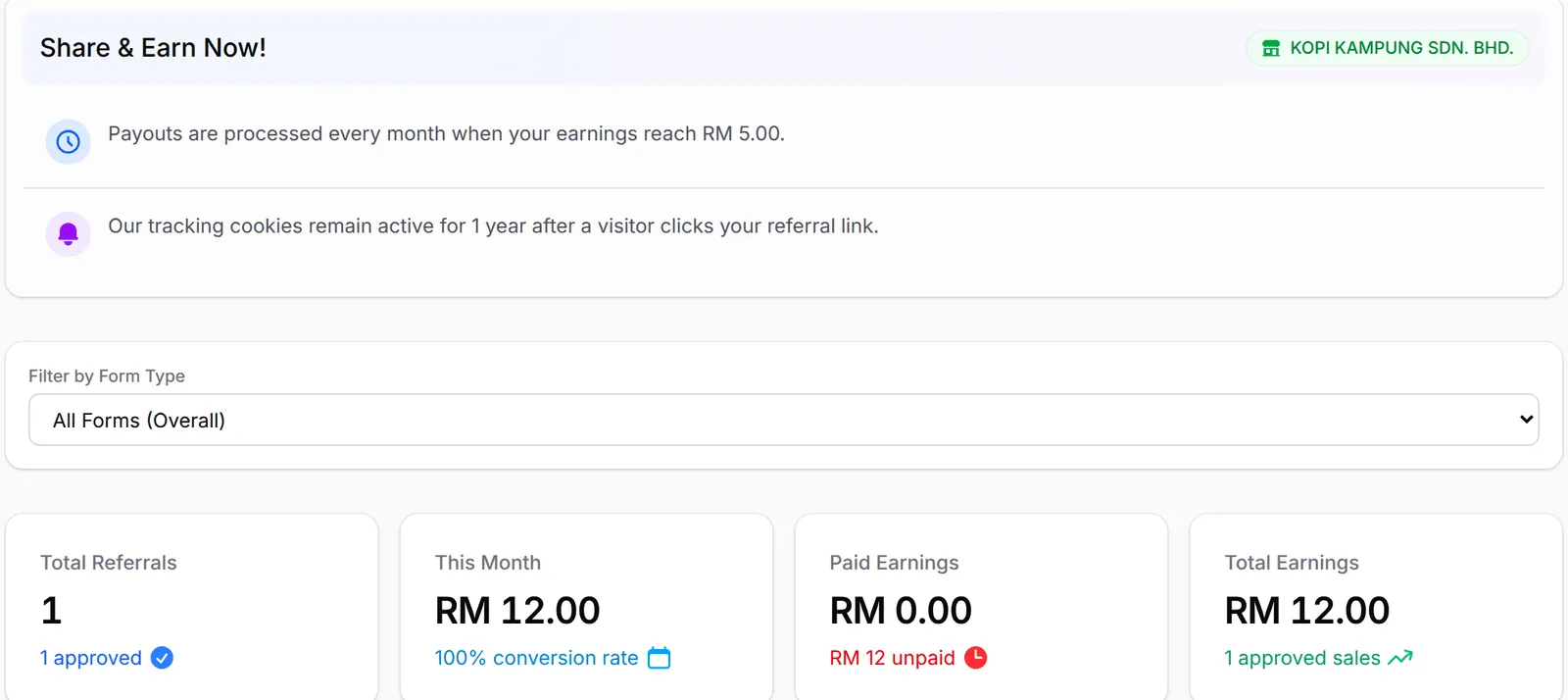 The affiliate dashboard with Share & Earn Now! and the four figures