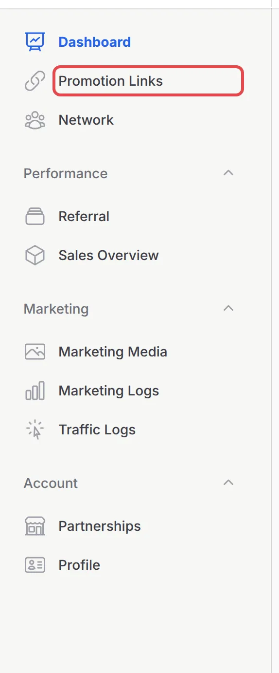 The affiliate menu, with Promotion Links highlighted
