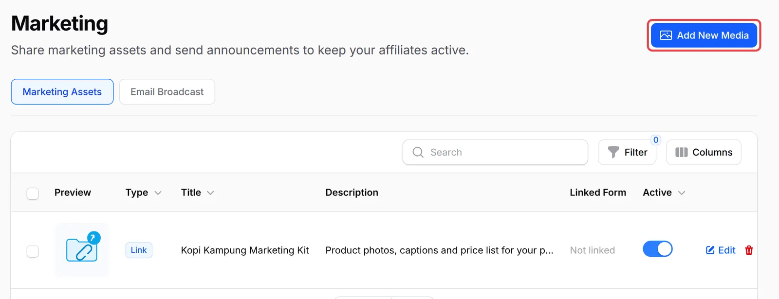 The Marketing page with the Add New Media button highlighted
