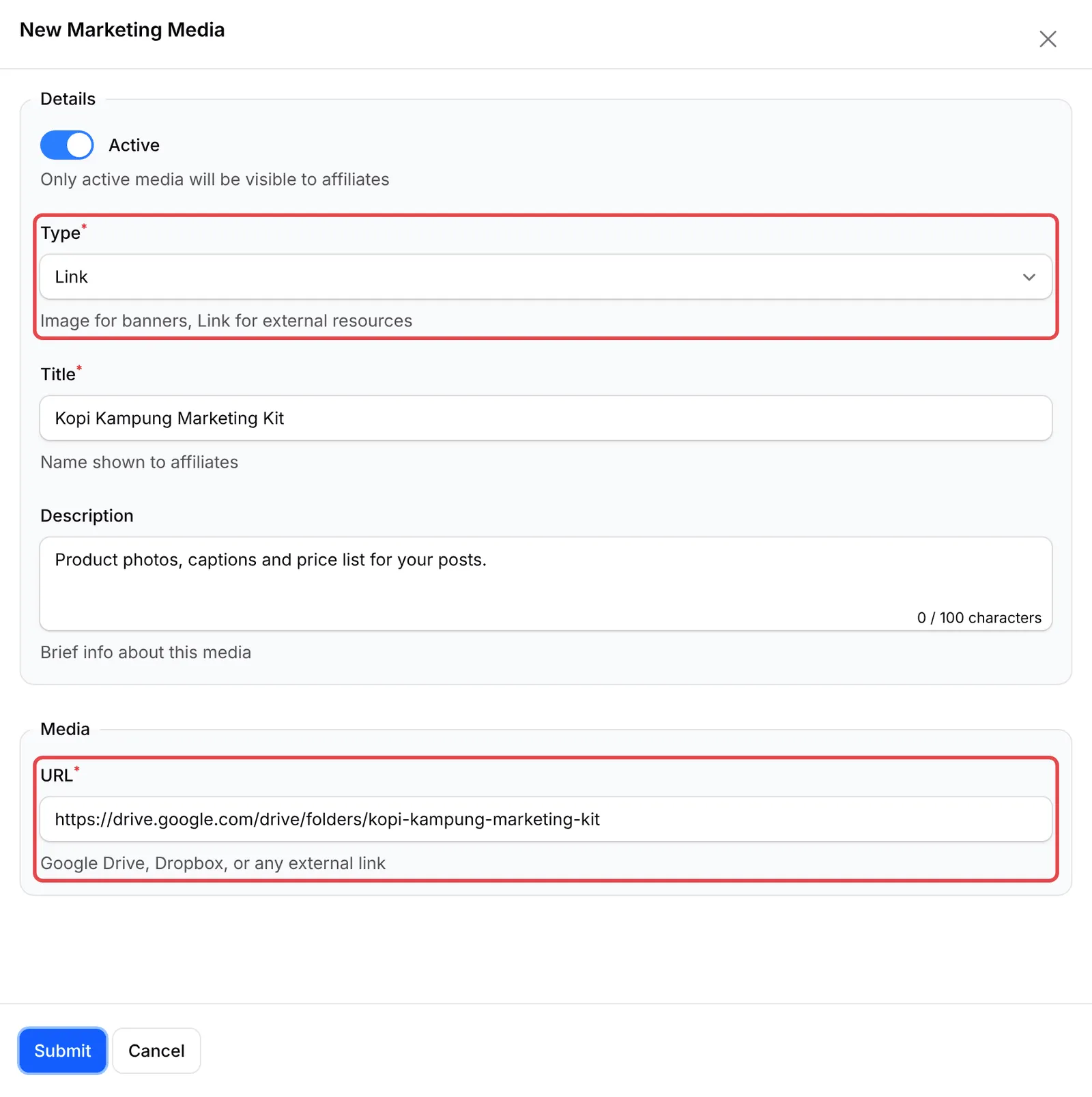 The New Marketing Media panel with Type set to Link and the URL field highlighted