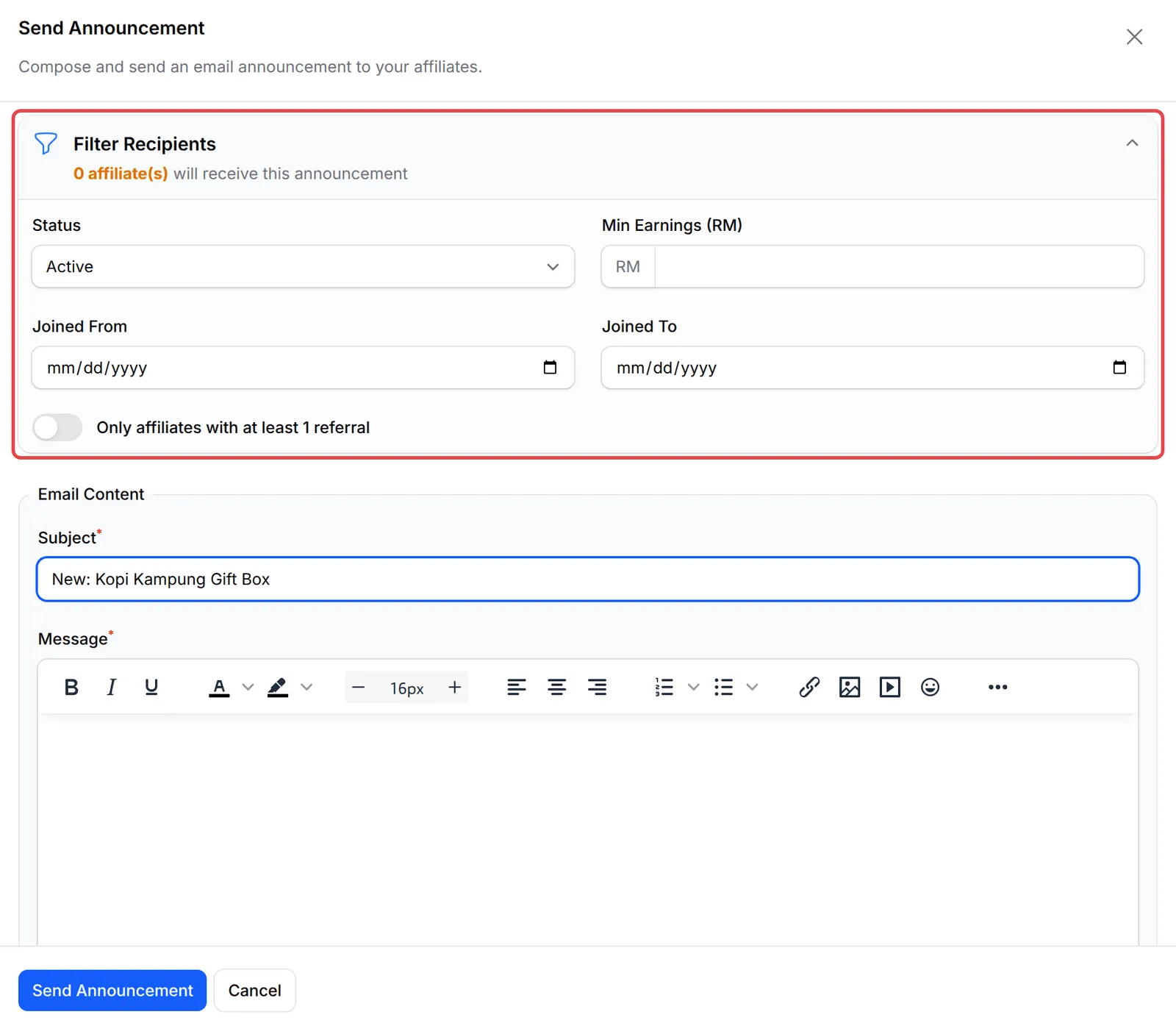 The Send Announcement panel with Filter Recipients open