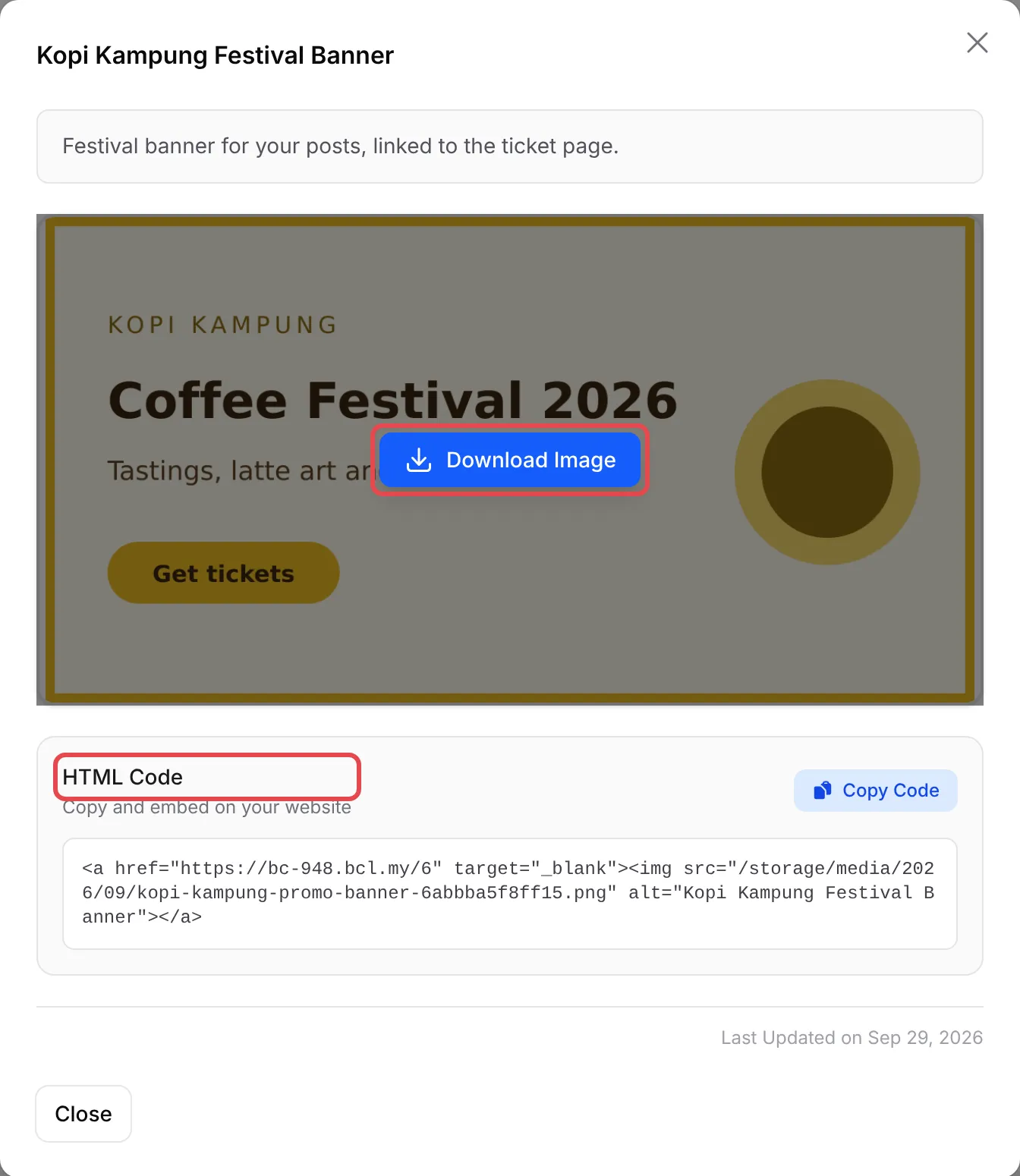 An image item opened by an affiliate, with Download Image and HTML Code highlighted