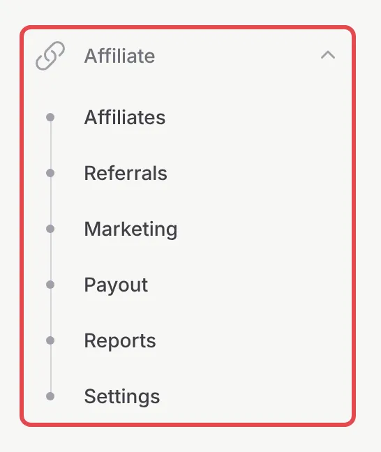 The Affiliate group in the BCL sidebar, with Affiliates, Referrals, Marketing, Payout, Reports and Settings