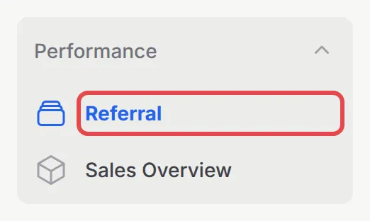 The affiliate menu with Referral under Performance highlighted