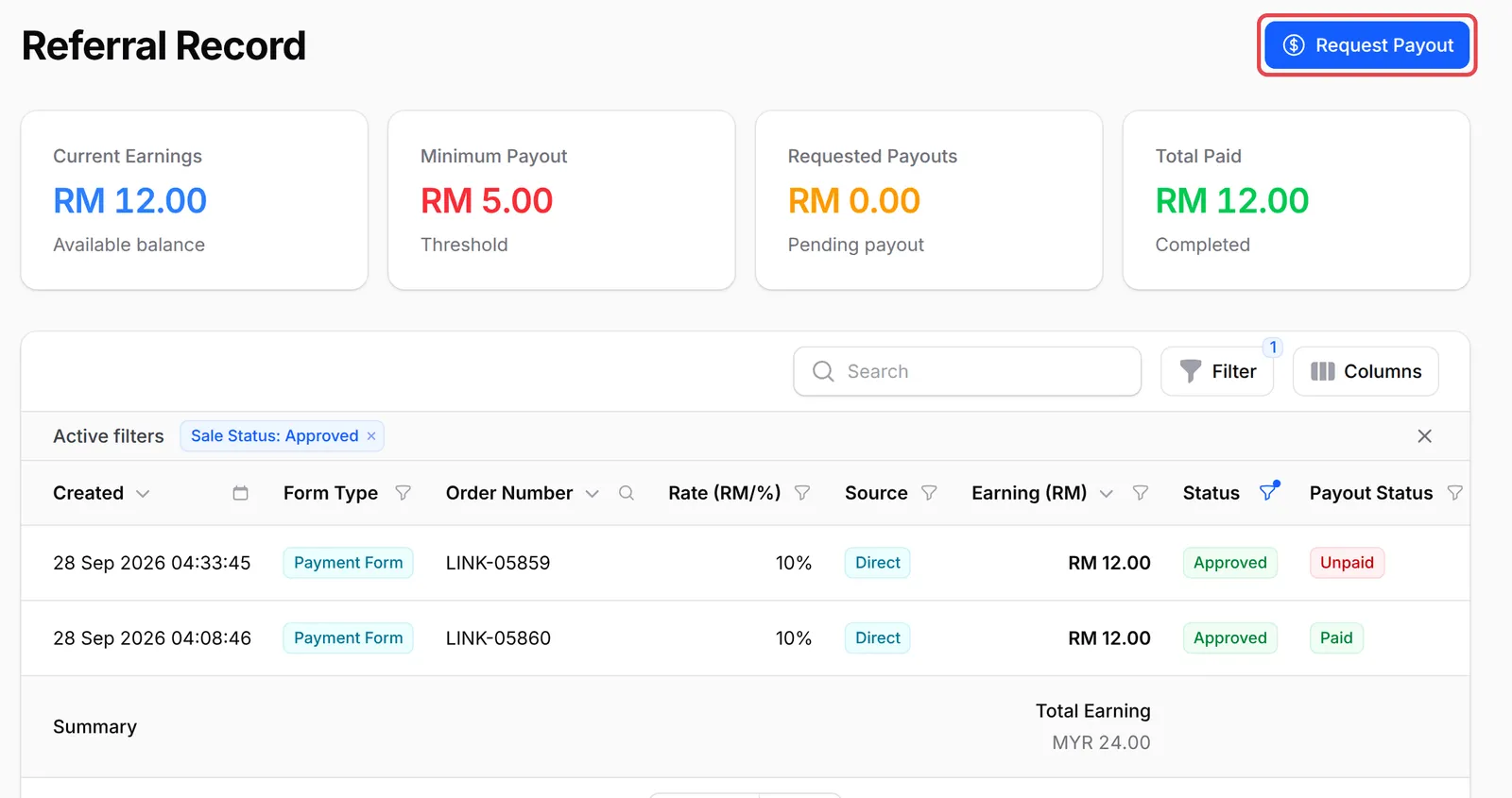What your affiliate sees: Referral Record with the Request Payout button highlighted