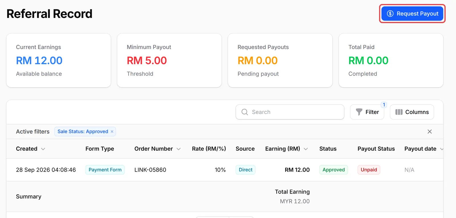 Referral Record with the balance cards and the Request Payout button highlighted