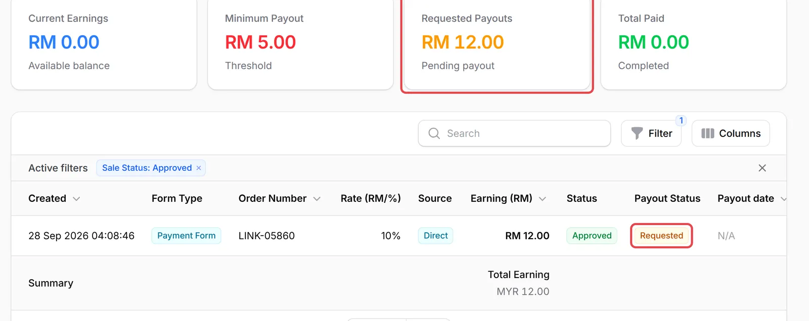 After the request: Requested Payouts shows RM 12.00 and the referral’s Payout Status is Requested