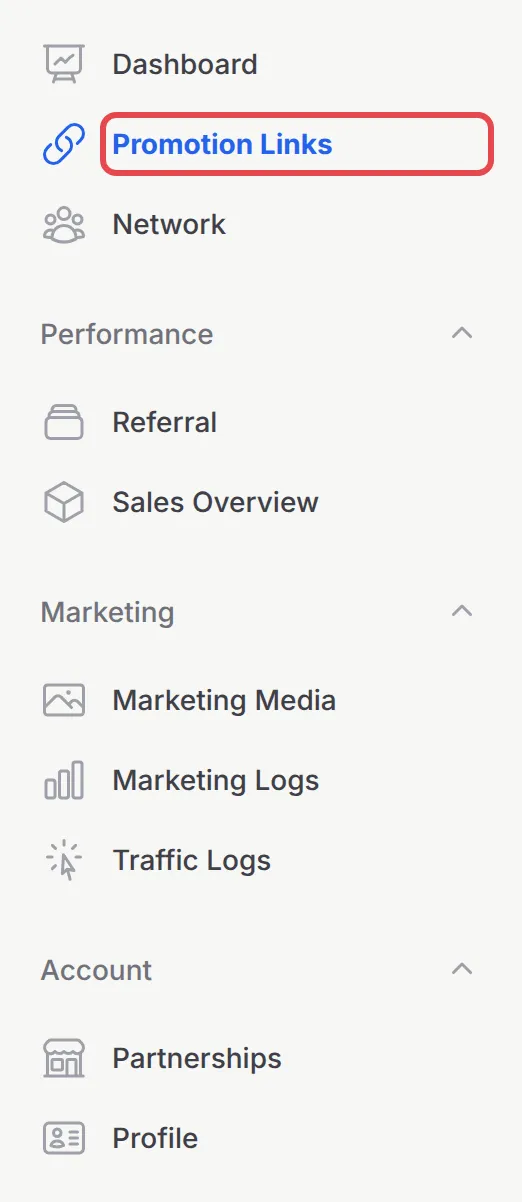 The affiliate menu with Promotion Links highlighted