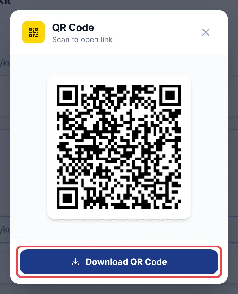 The QR Code window with the Download QR Code button highlighted