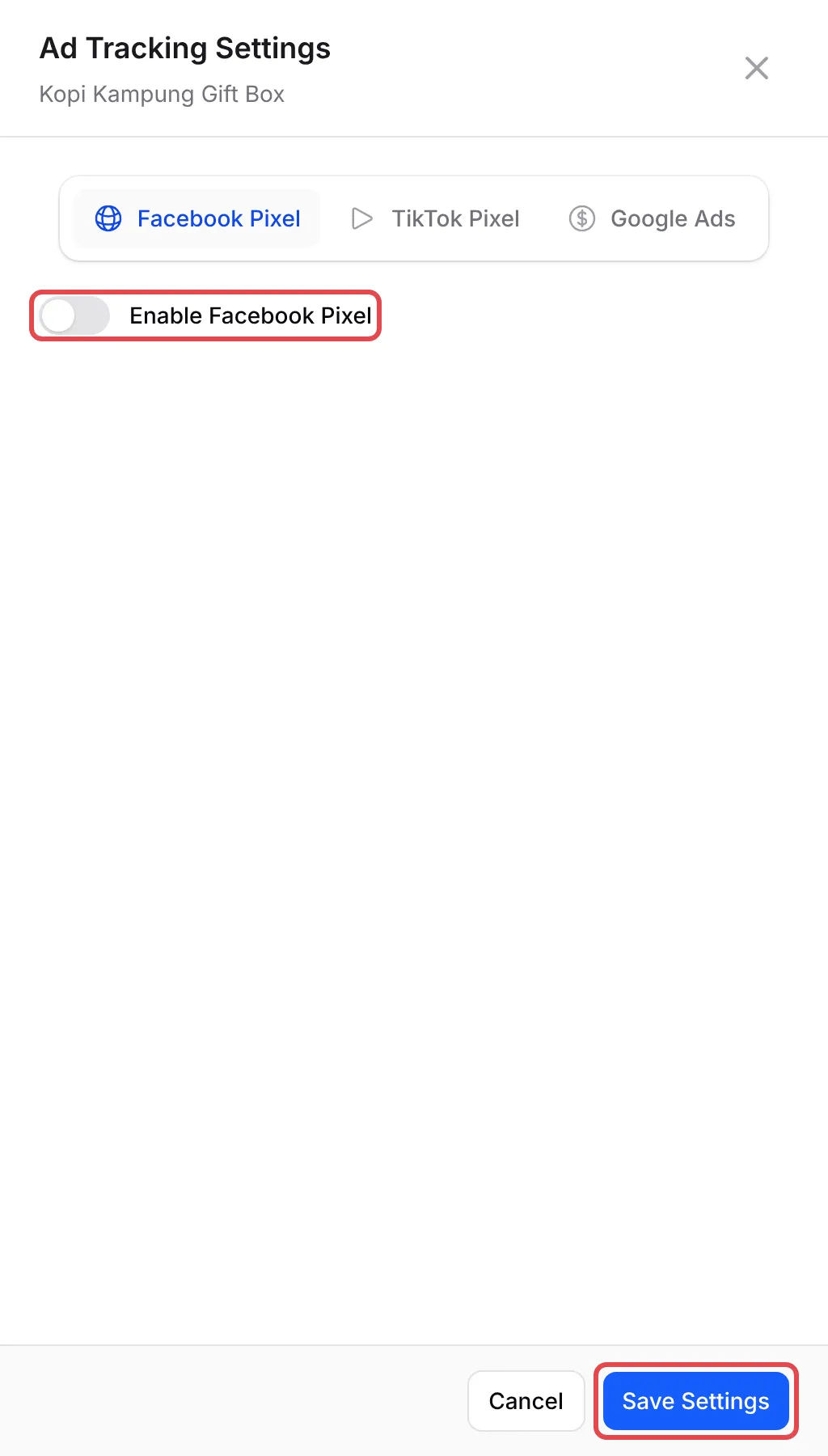 Ad Tracking Settings with Enable Facebook Pixel and Save Settings highlighted