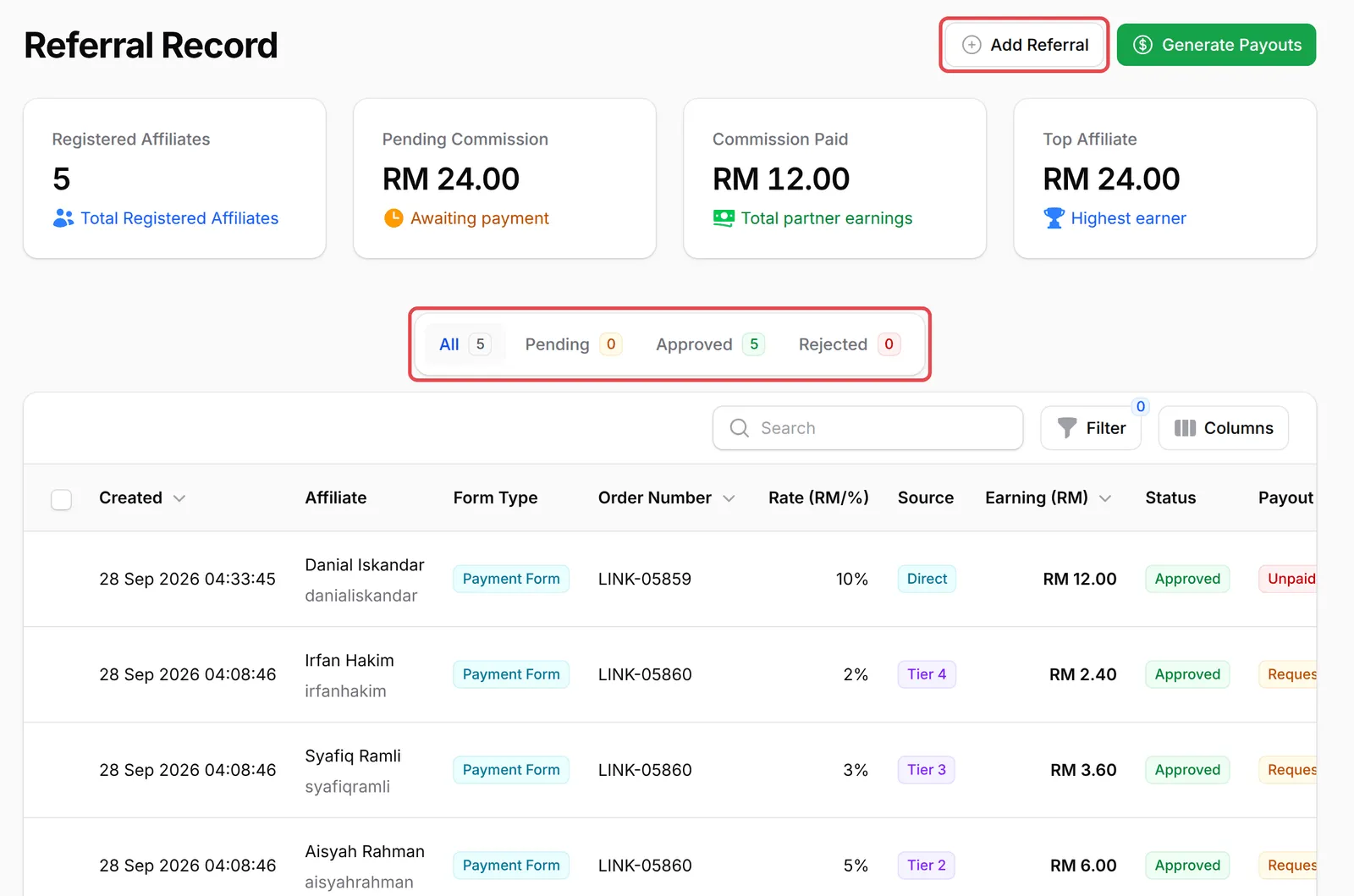 Referral Record页面，Add Referral按钮和状态标签页已标示，下面是同一笔销售的四笔推荐：Direct、Tier 2、Tier 3和Tier 4