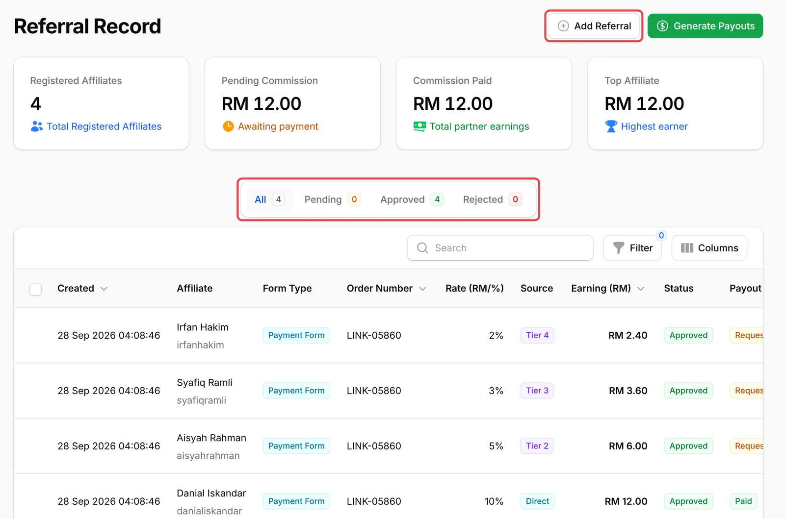 The Referral Record page with the Add Referral button and the status tabs highlighted, above four referrals from one sale: Direct, Tier 2, Tier 3 and Tier 4