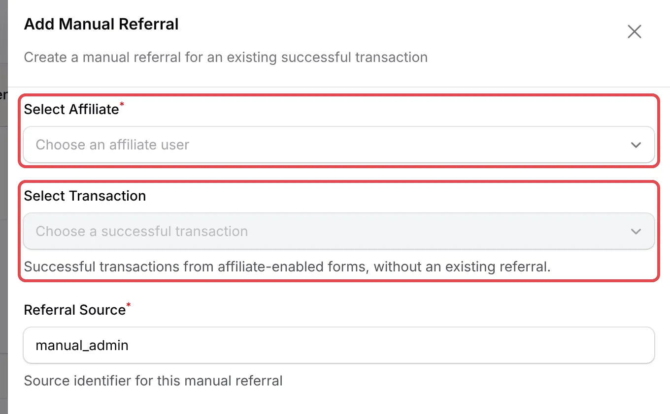 Add Manual Referral窗口，已选affiliate和交易，并显示佣金预览