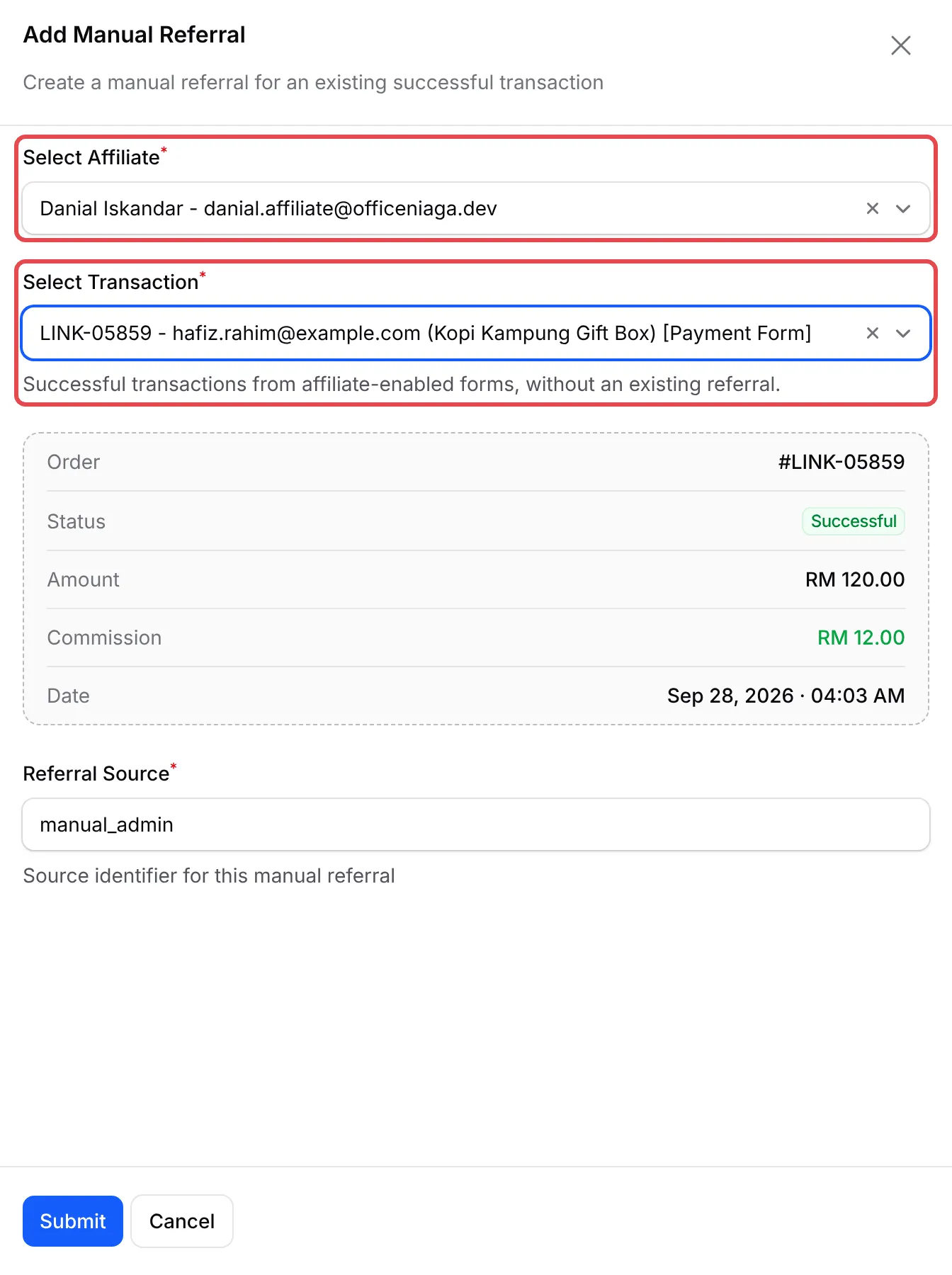 The Add Manual Referral window with an affiliate and a transaction chosen, and the commission preview