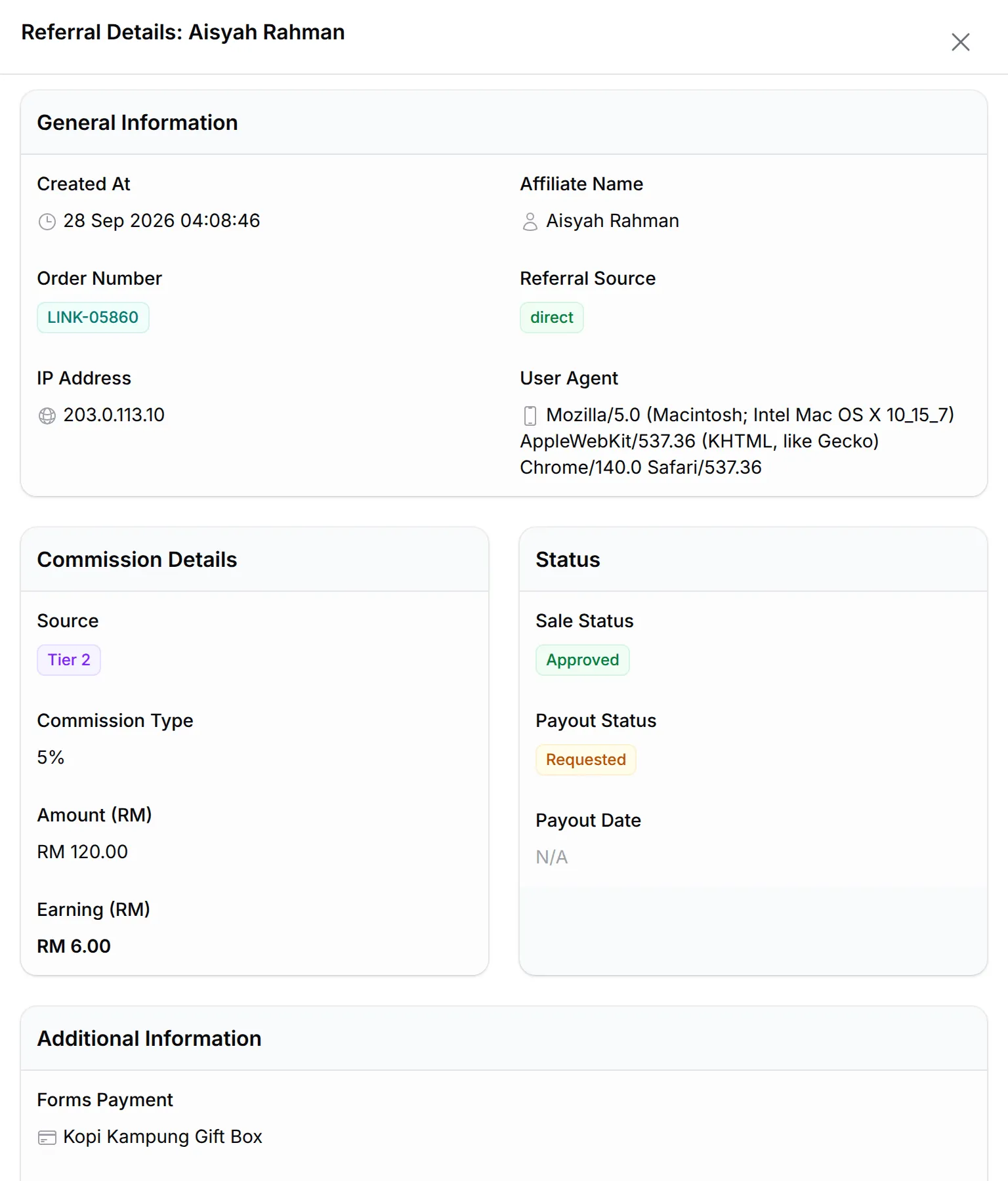 Referral Details for a Tier 2 referral, with its commission details and status