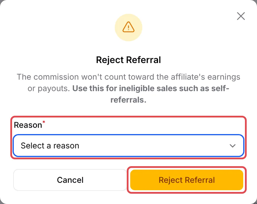 Reject Referral窗口，Reason栏位和Reject Referral按钮已标示