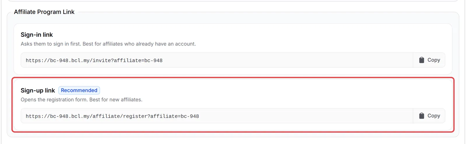 Kotak Affiliate Program Link dengan Sign-up link dan butang Copy-nya ditanda