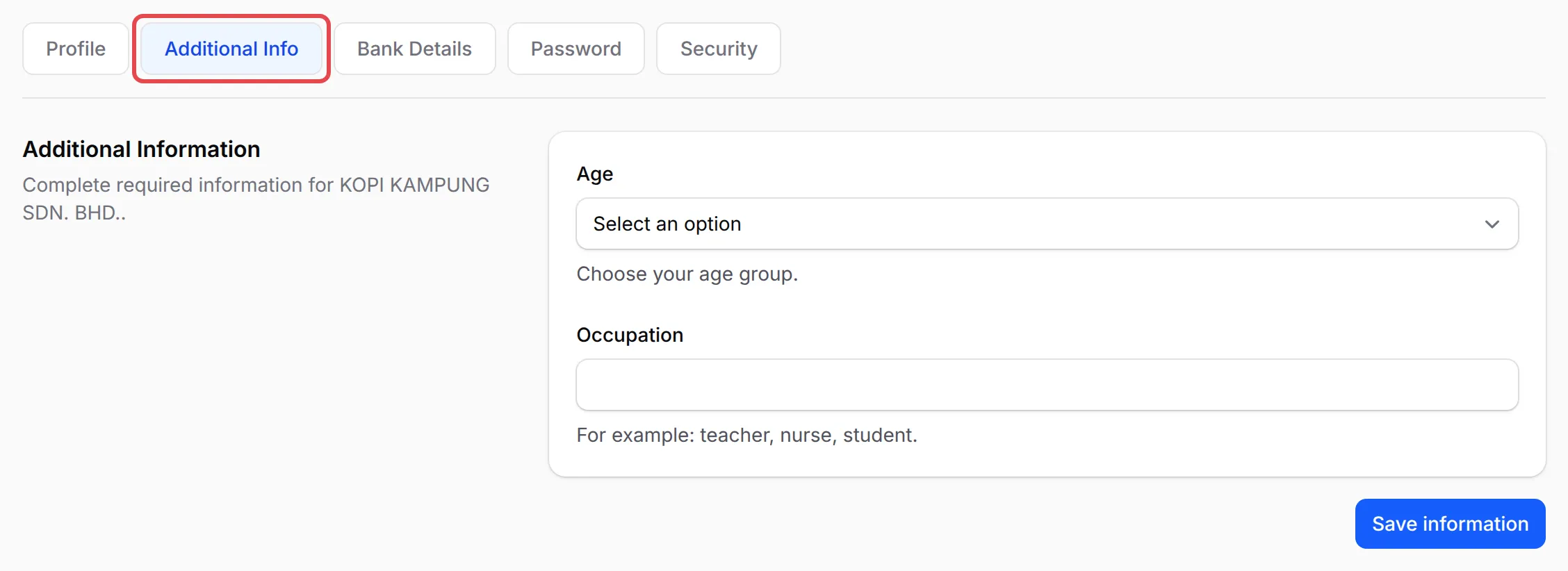 The Additional Info tab of an affiliate’s Profile, with the Age dropdown and the Occupation field