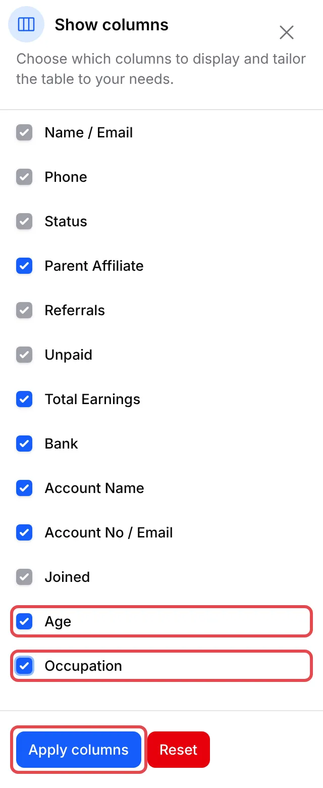 The Show columns panel with Age and Occupation ticked and the Apply columns button highlighted