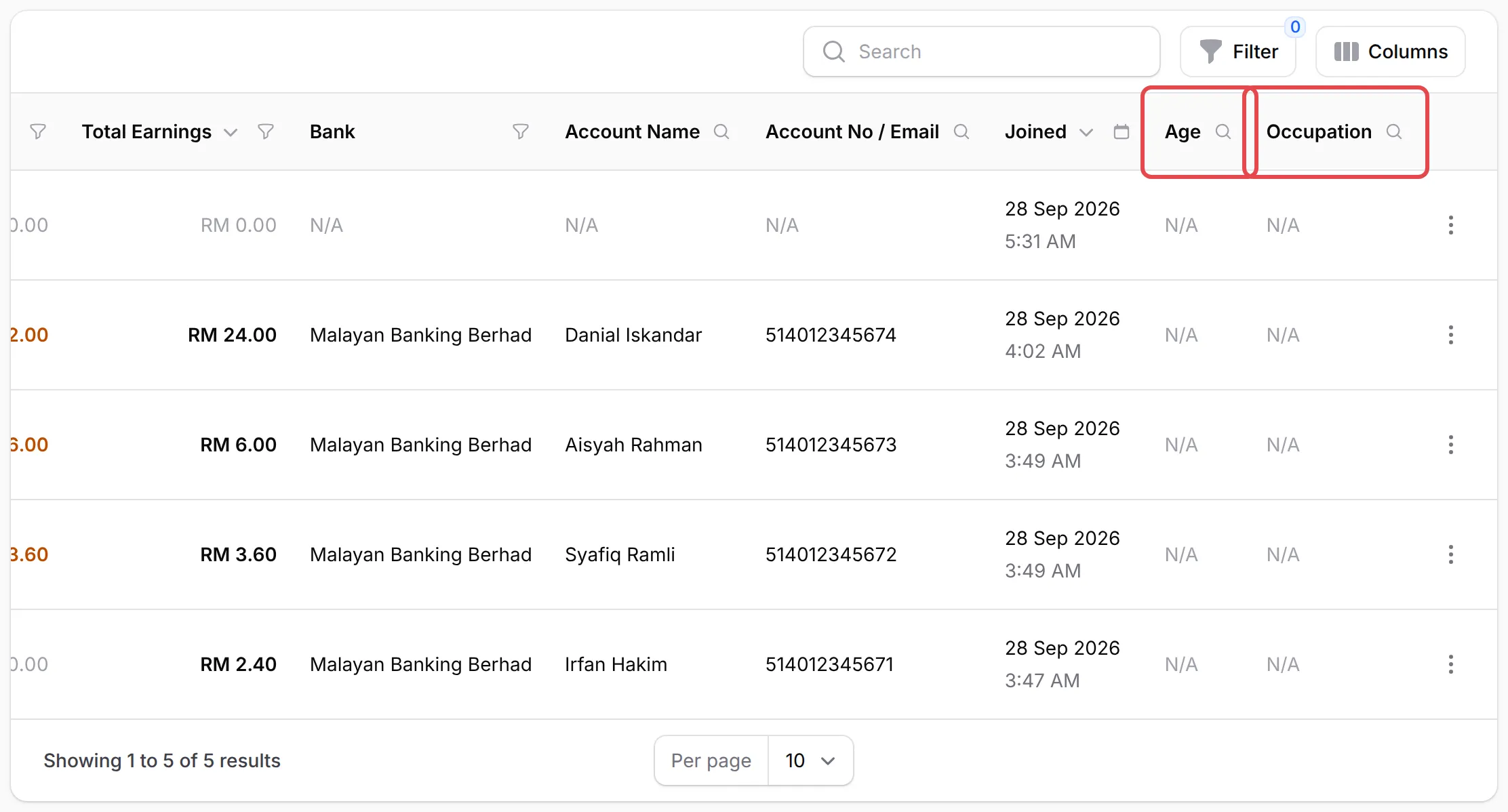 The Affiliate Users list with the Age and Occupation columns highlighted