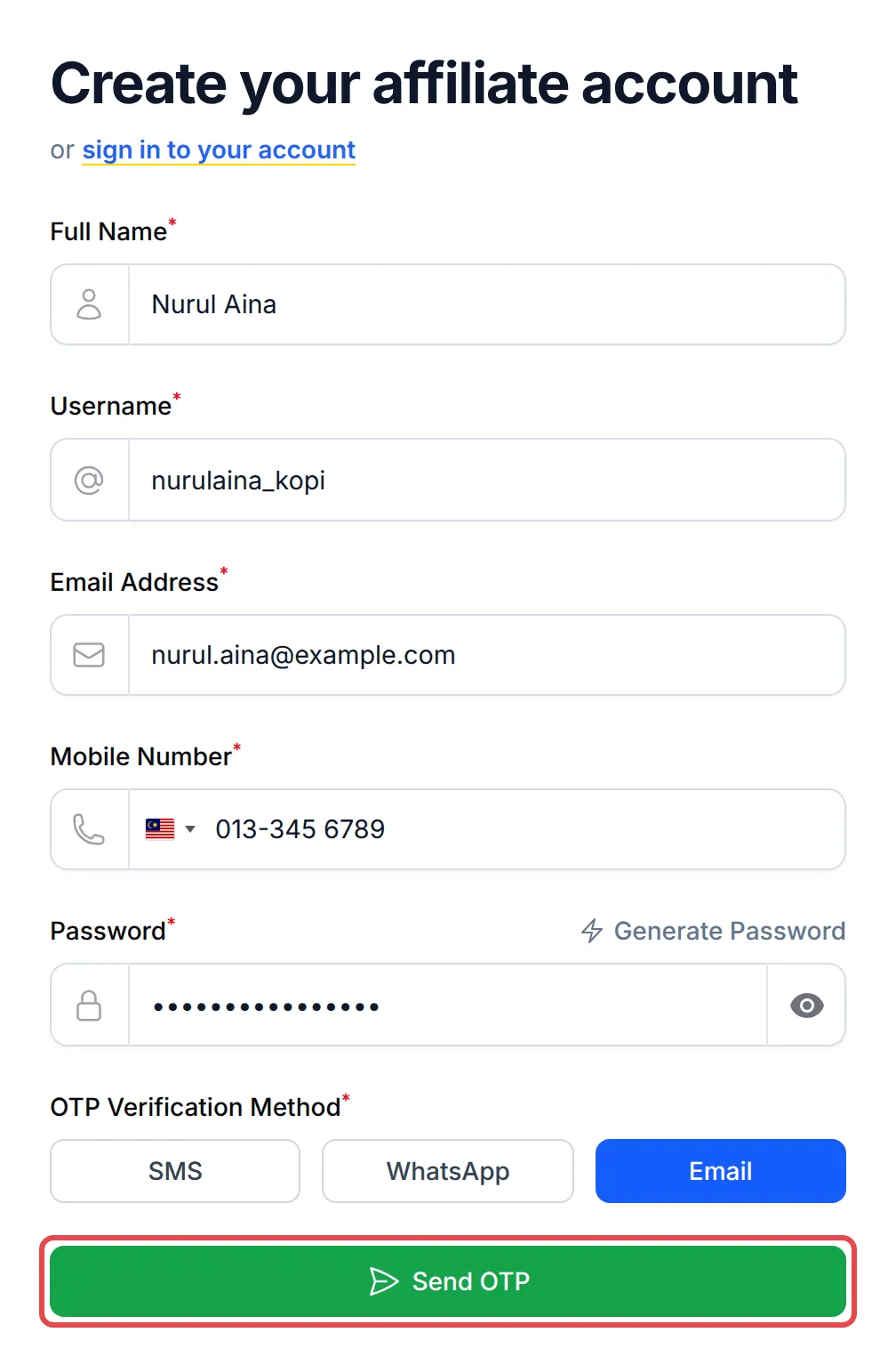 Form Create your affiliate account yang sudah diisi, dengan Email dipilih dan butang Send OTP ditanda