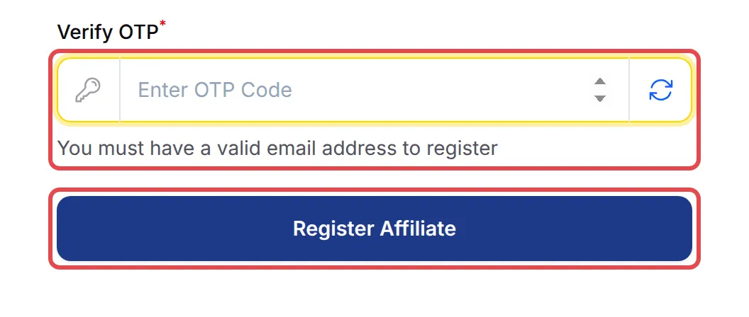Ruangan Verify OTP dan butang Register Affiliate ditanda
