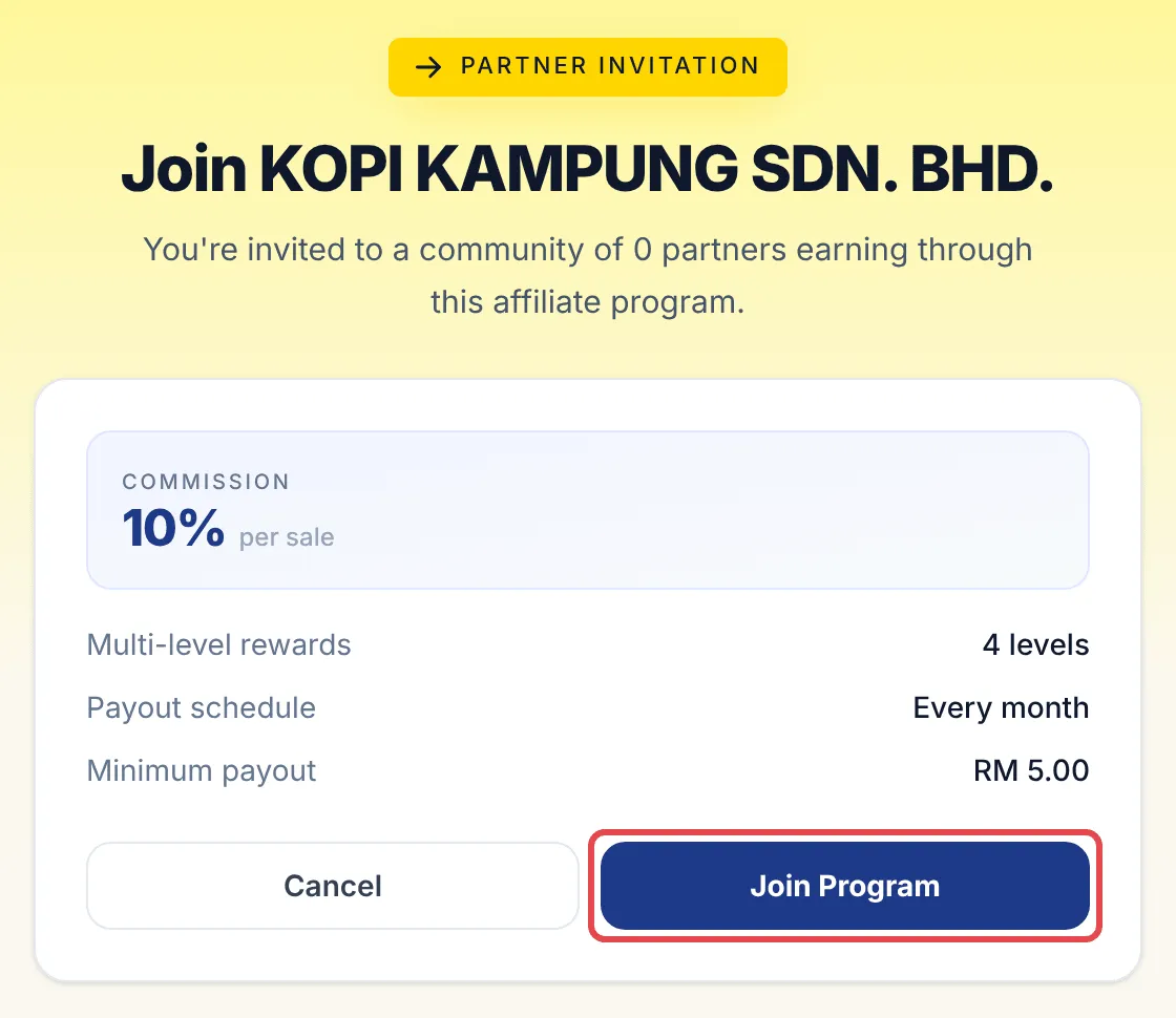 Page Join untuk program merchant dengan komisen, payout schedule, minimum payout dan butang Join Program ditanda