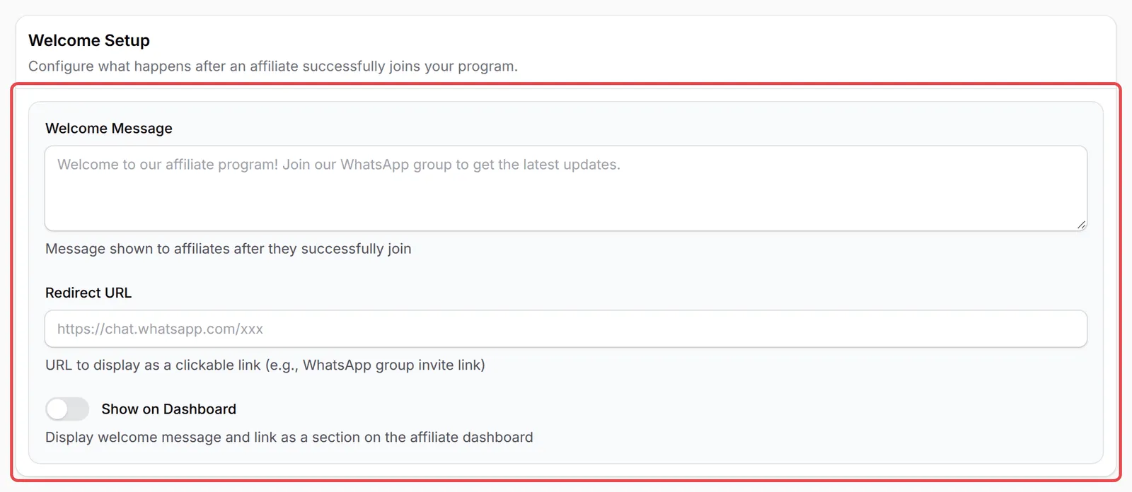 Bahagian Welcome Setup pada tab Affiliate Onboarding ditanda