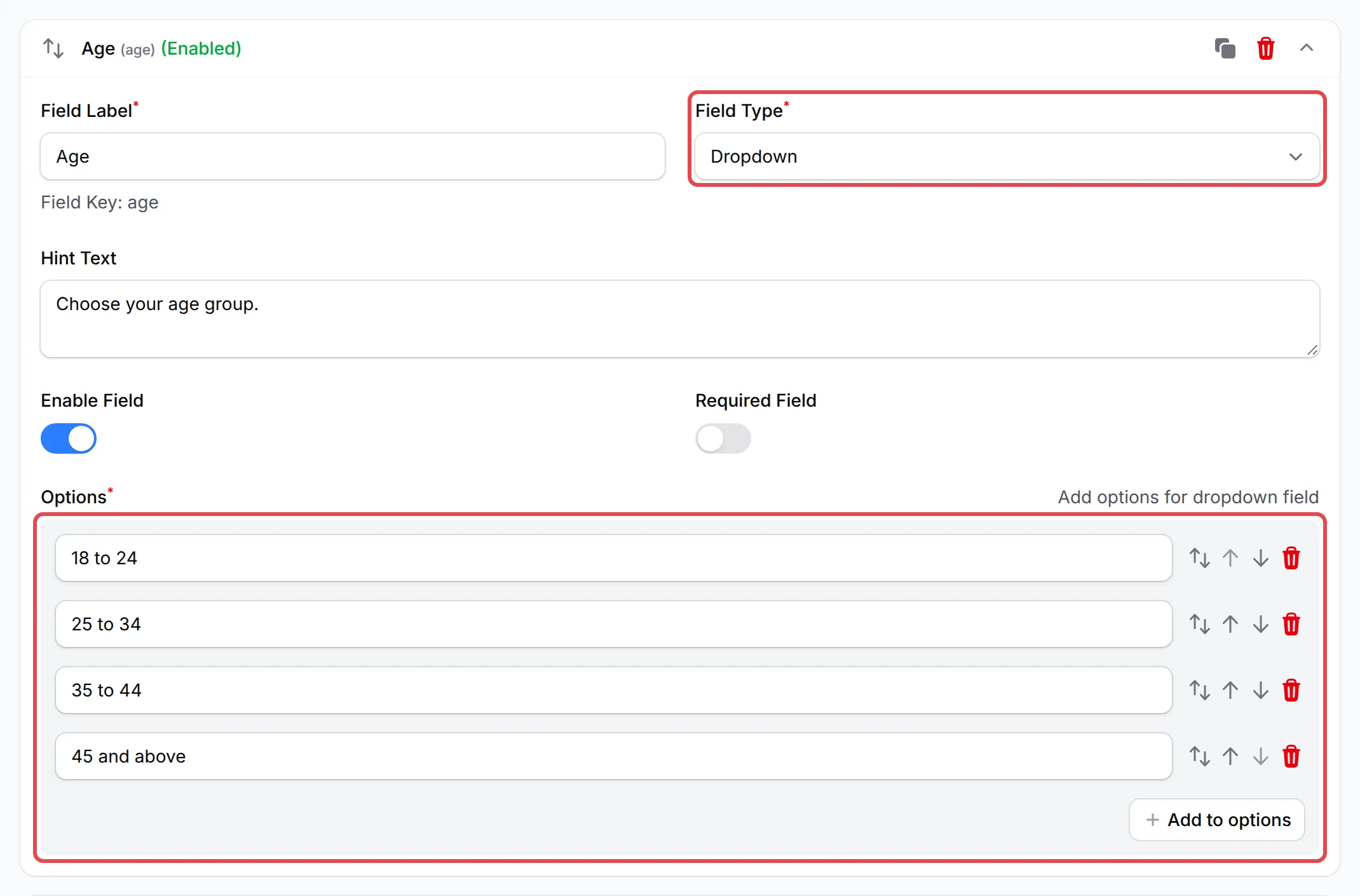 An Age field with Field Type set to Dropdown and four age groups under Options
