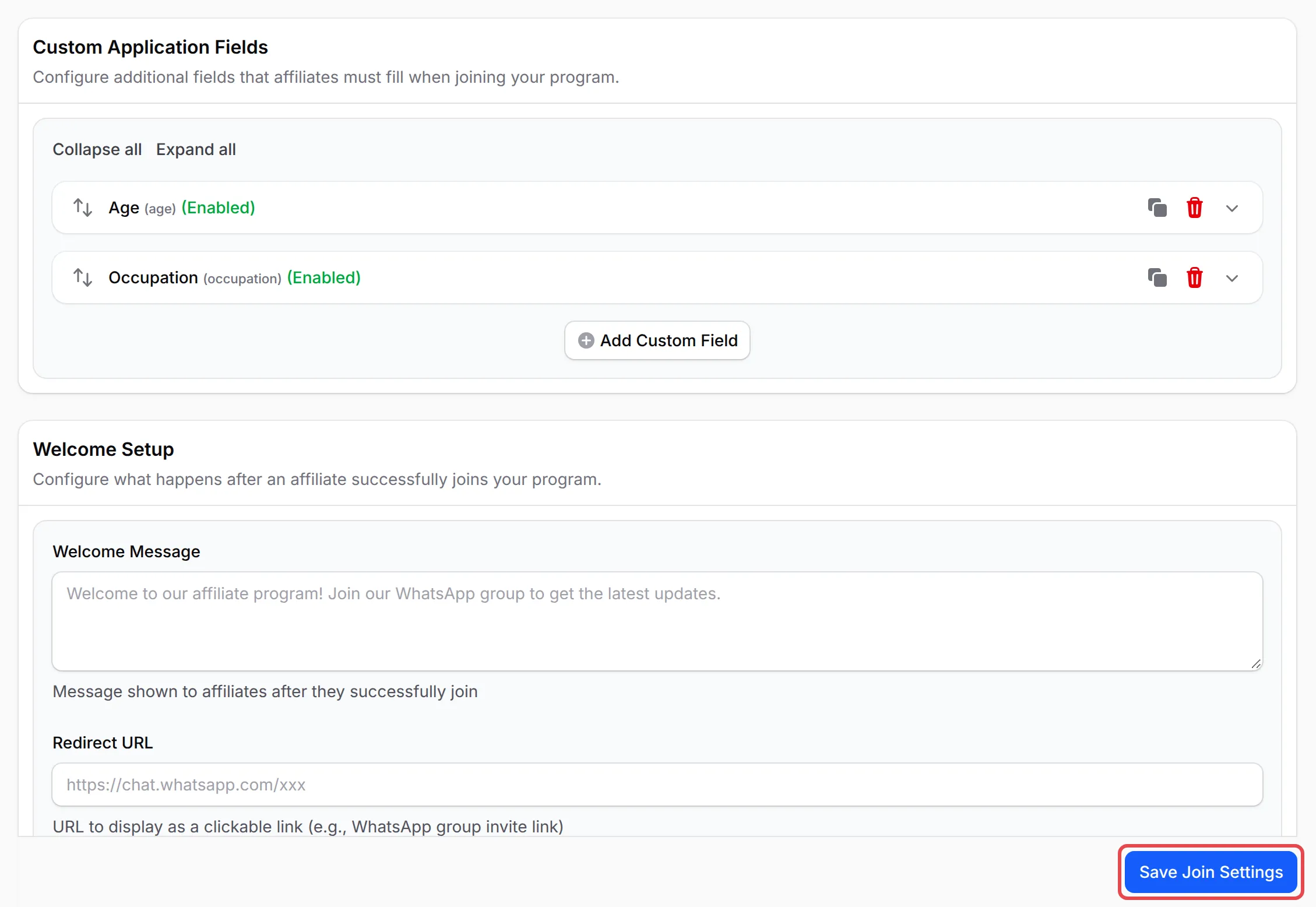 Age and Occupation under Custom Application Fields, and the Save Join Settings button highlighted
