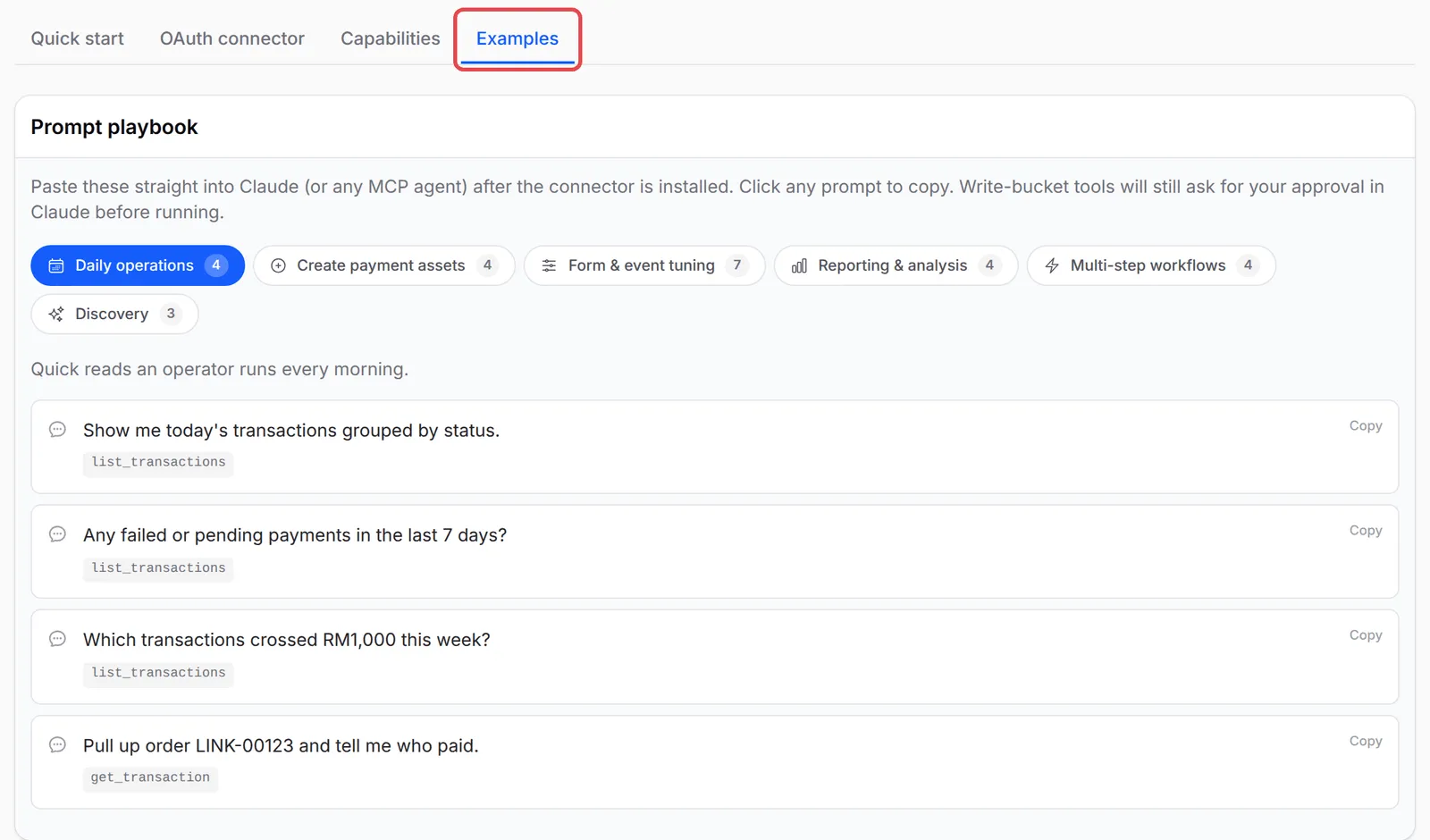 The Examples tab of Connect AI Agent, showing the Prompt playbook with its prompt groups