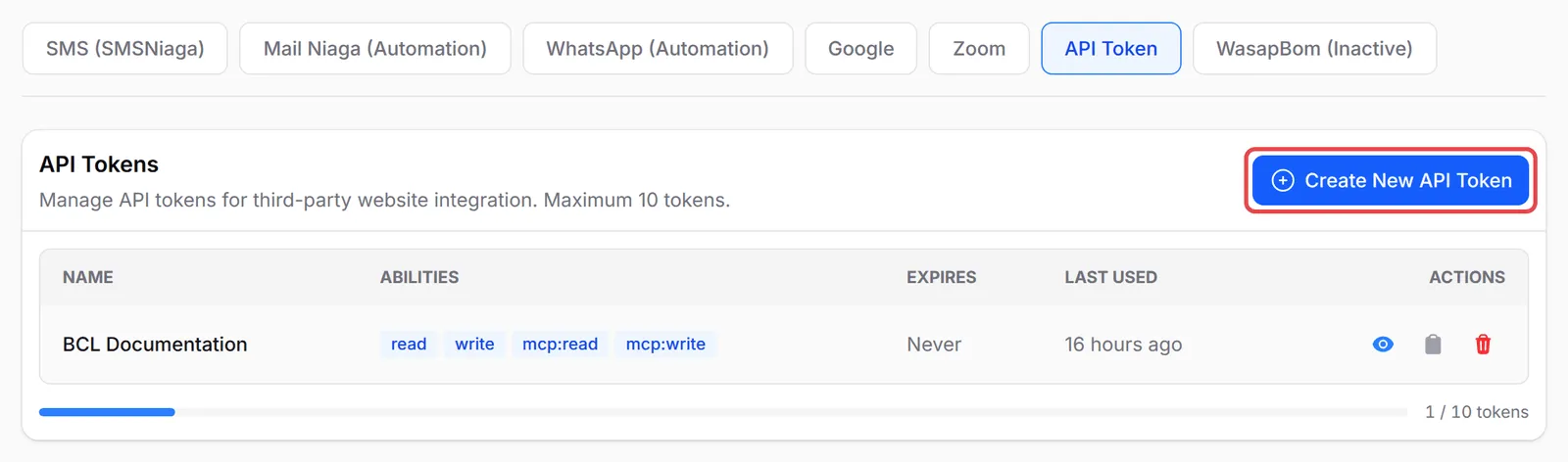 Integrations的API Token标签页，已标示Create New API Token按钮