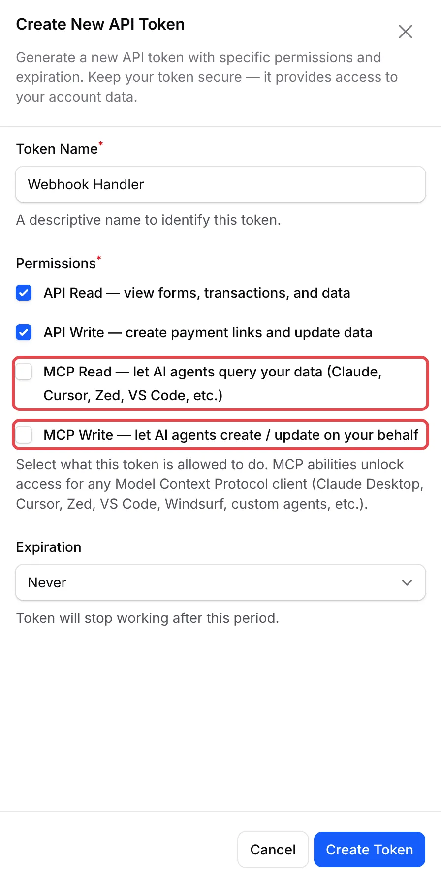 Create New API Token面板，已标示MCP Read和MCP Write权限