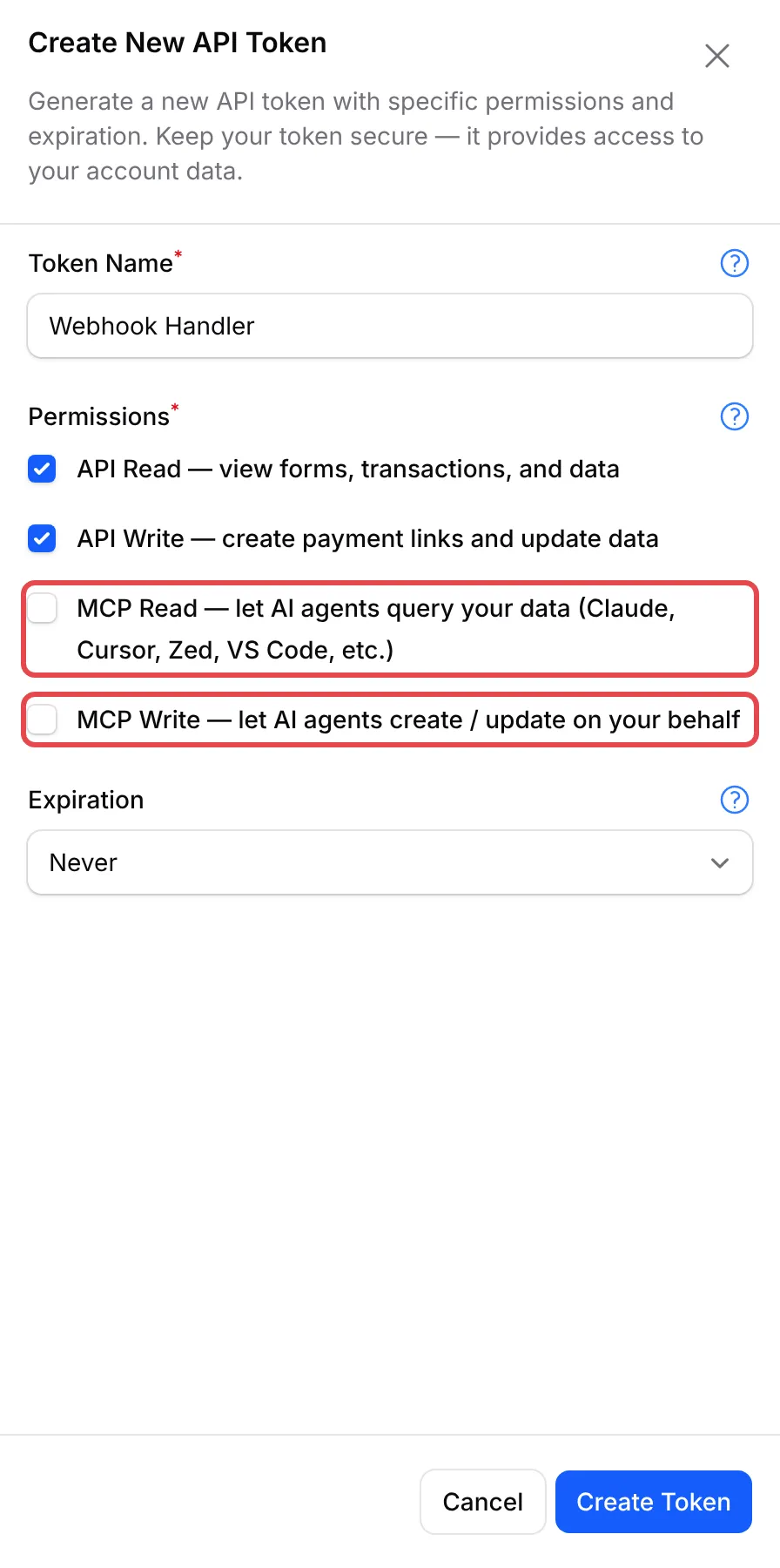 The Create New API Token panel, with the MCP Read and MCP Write permissions highlighted