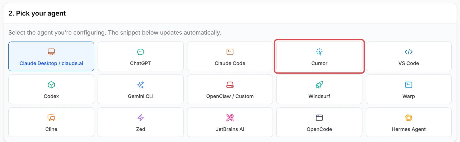 The Pick your agent step on the Quick start tab, listing all 15 apps, with Cursor highlighted
