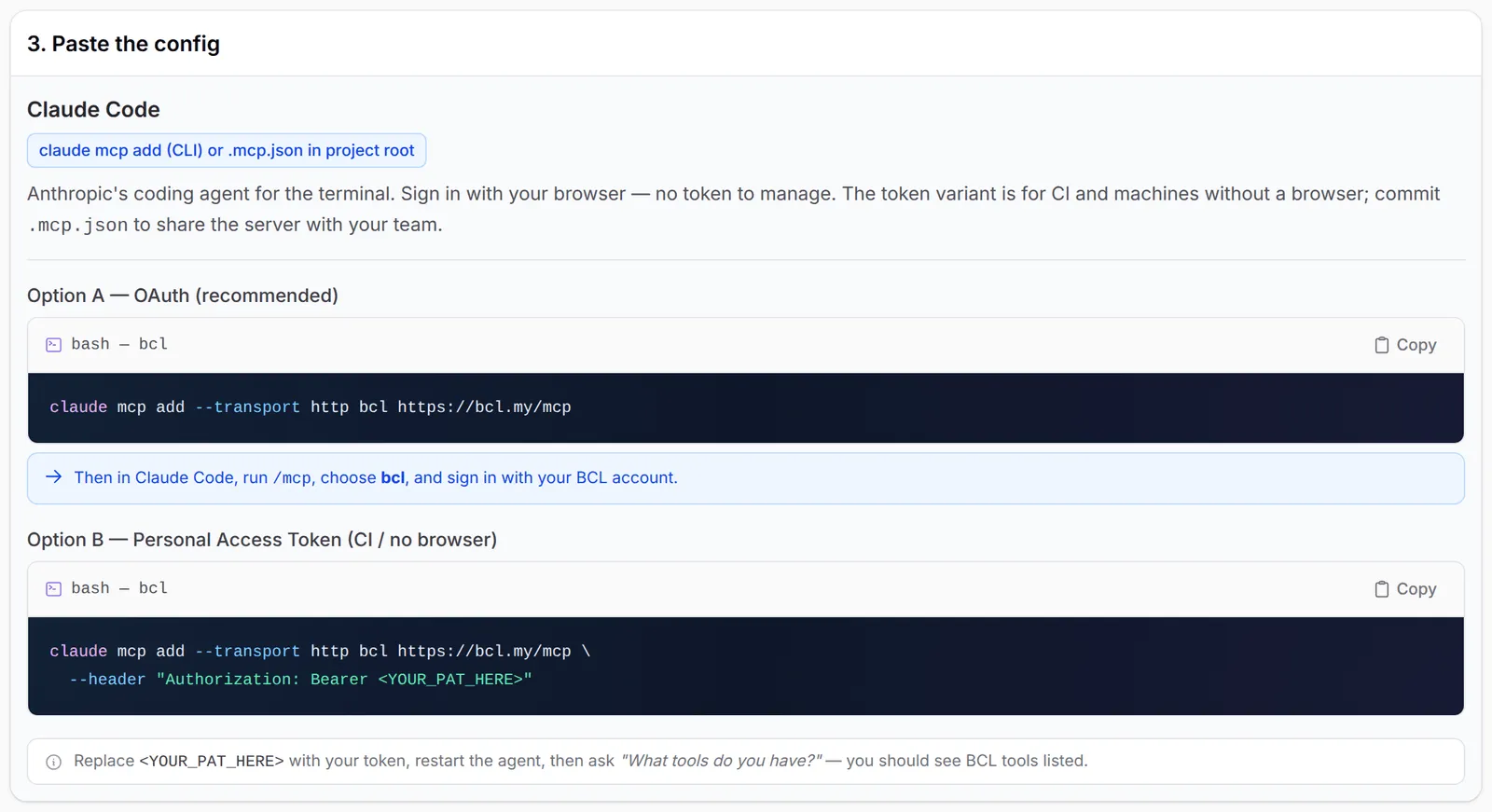 The Claude Code setup on the Quick start tab, with the OAuth and Personal Access Token commands