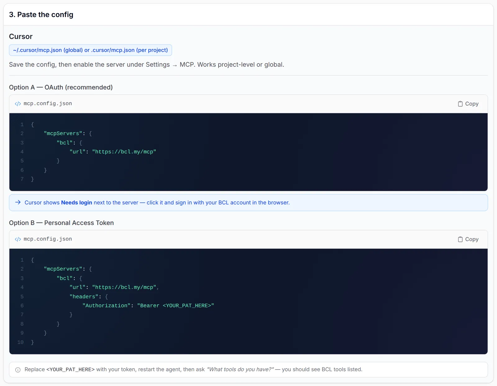 The Cursor setup on the Quick start tab, with the OAuth and Personal Access Token configs