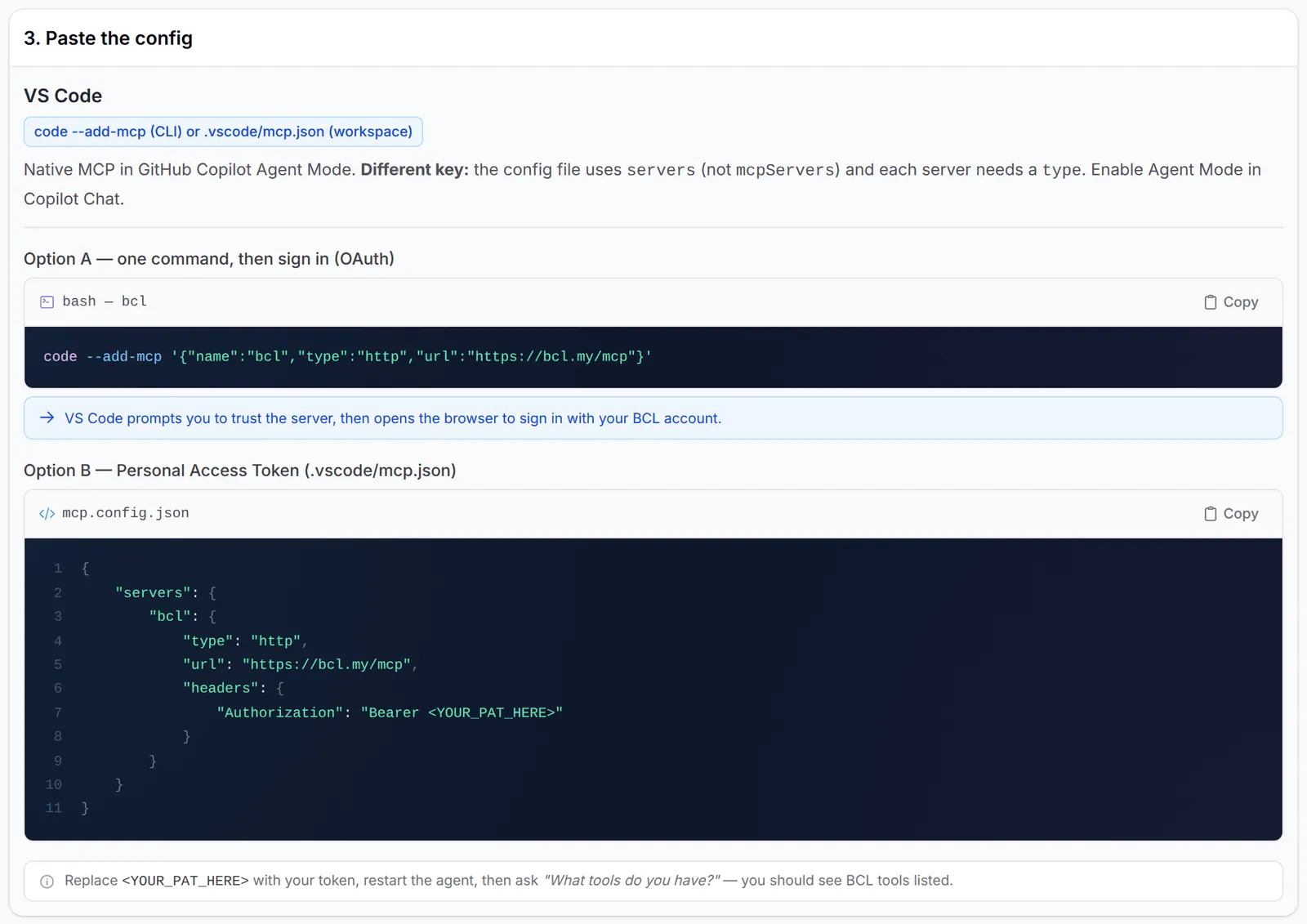 The VS Code setup on the Quick start tab, with the code –add-mcp command and the .vscode/mcp.json config