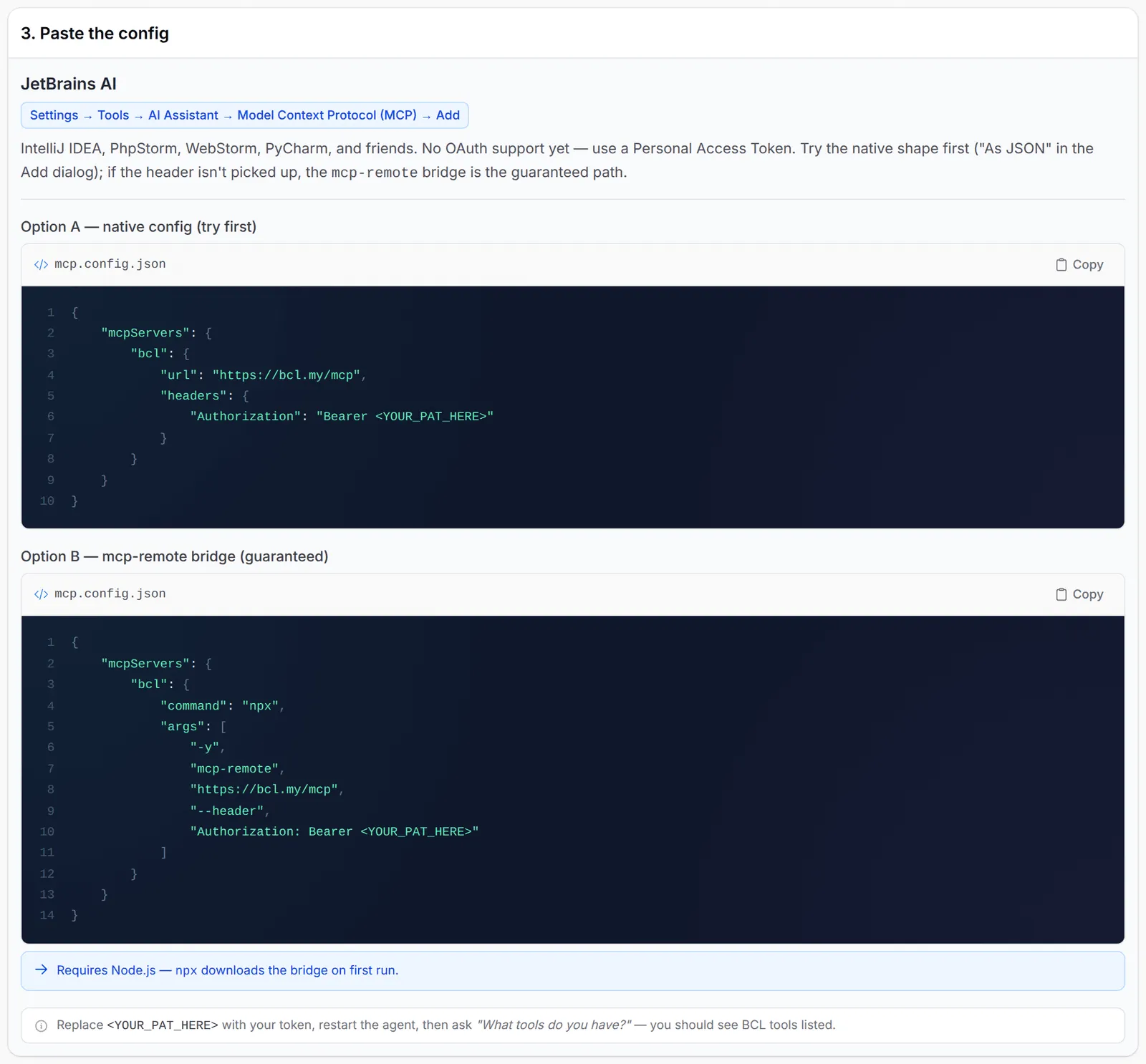 The JetBrains AI setup on the Quick start tab, with the native config and the mcp-remote bridge