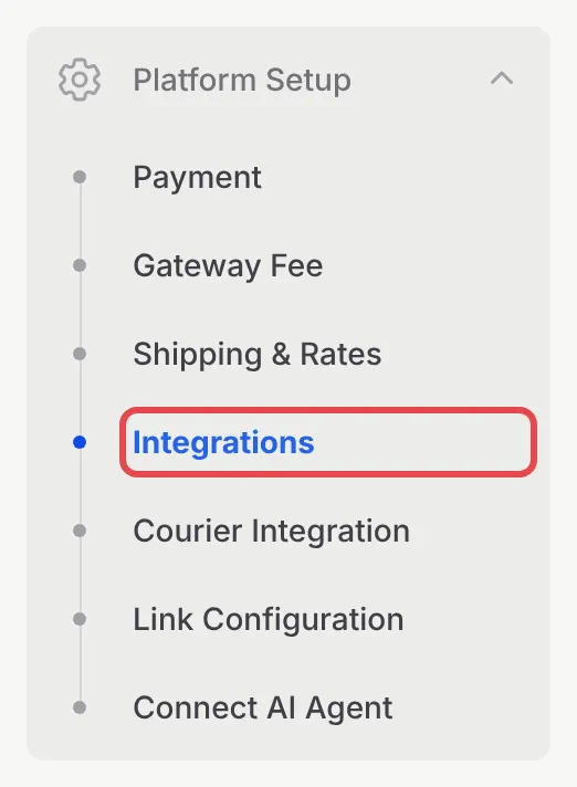 The Platform Setup menu in the BCL sidebar, with Integrations highlighted