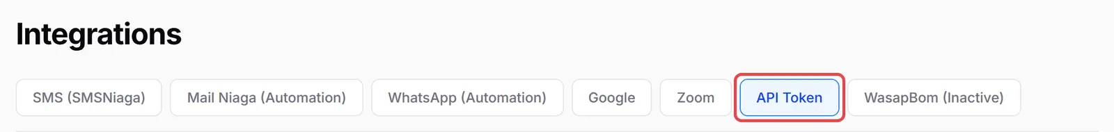 The Integrations page with the API Token tab highlighted