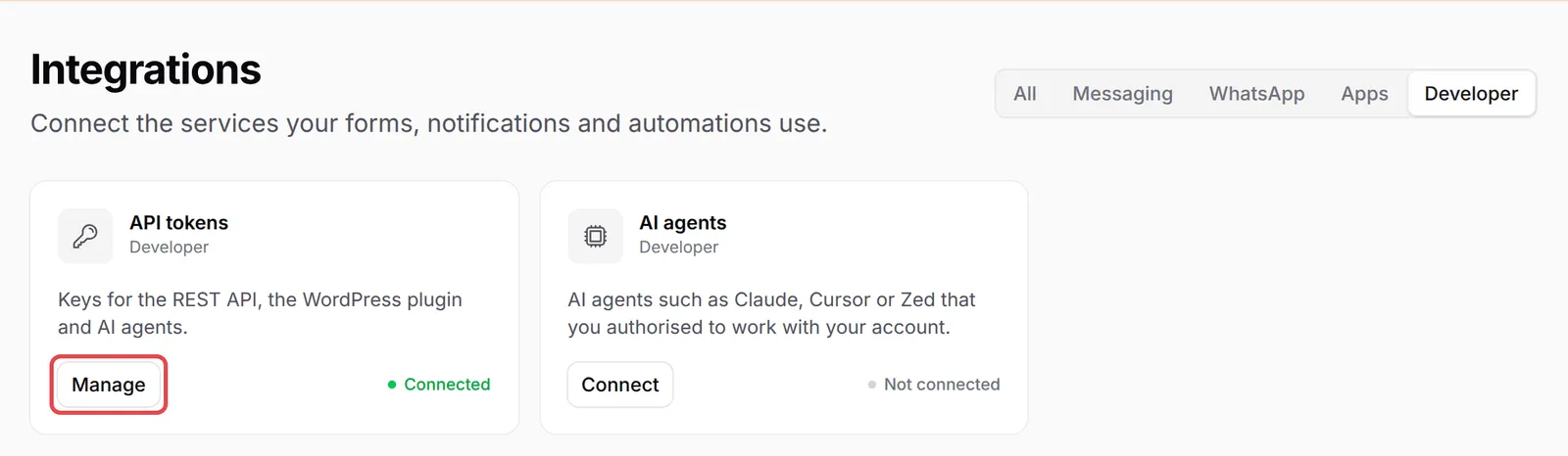 The Integrations page filtered to Developer, with the Manage button on the API tokens card highlighted
